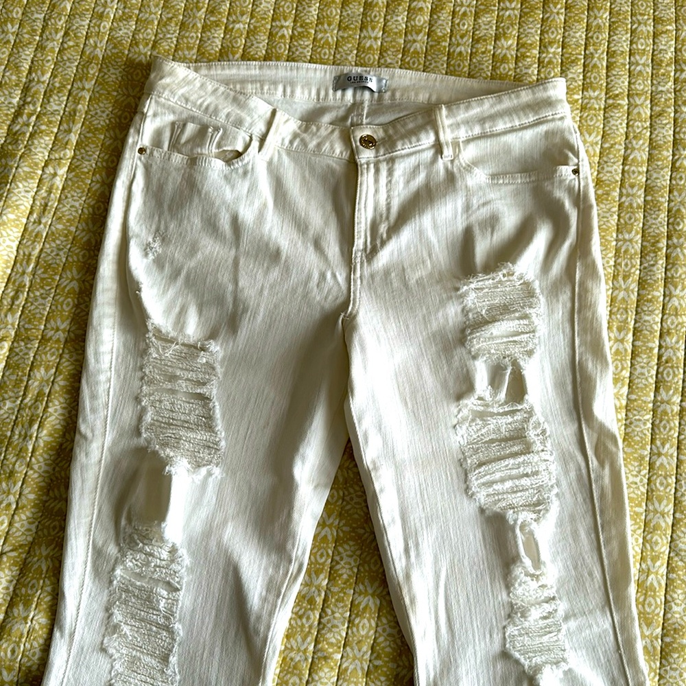 Guess white denim distressed skinny jeans